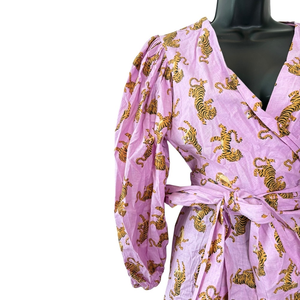 Guadalupe Monica Tiger Print Wrap Mini Dress Cotton Lilac Purple Puff Sleeve‎ M - Picture 3 of 5